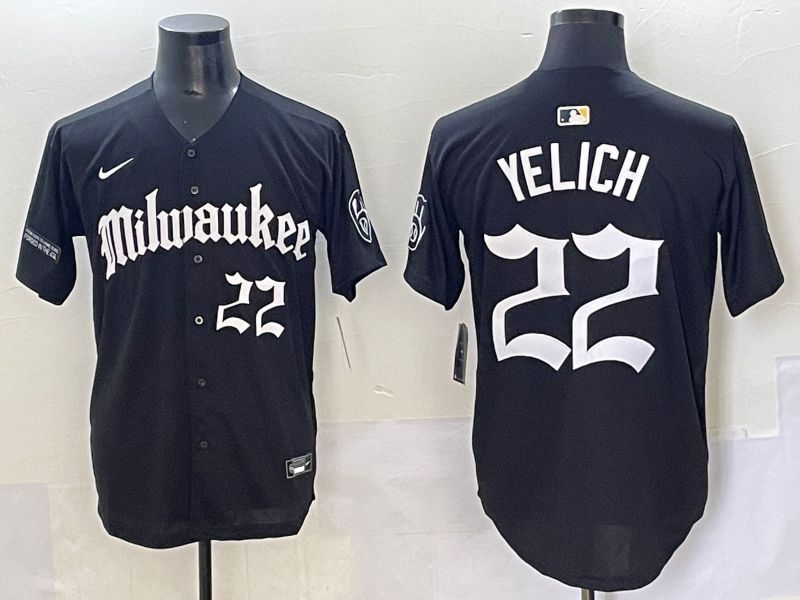 Men 2025 Milwaukee Brewers #22 Yelich Black Five generations Joint Name Nike MLB Jersey style 10